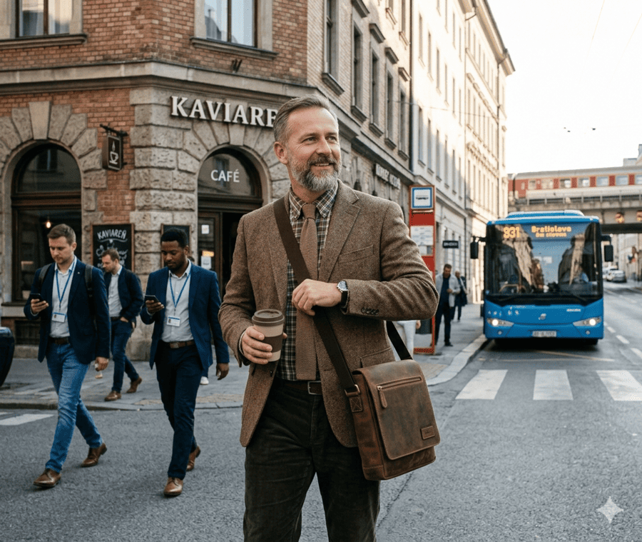 muž v meste s taškou na pleci mk